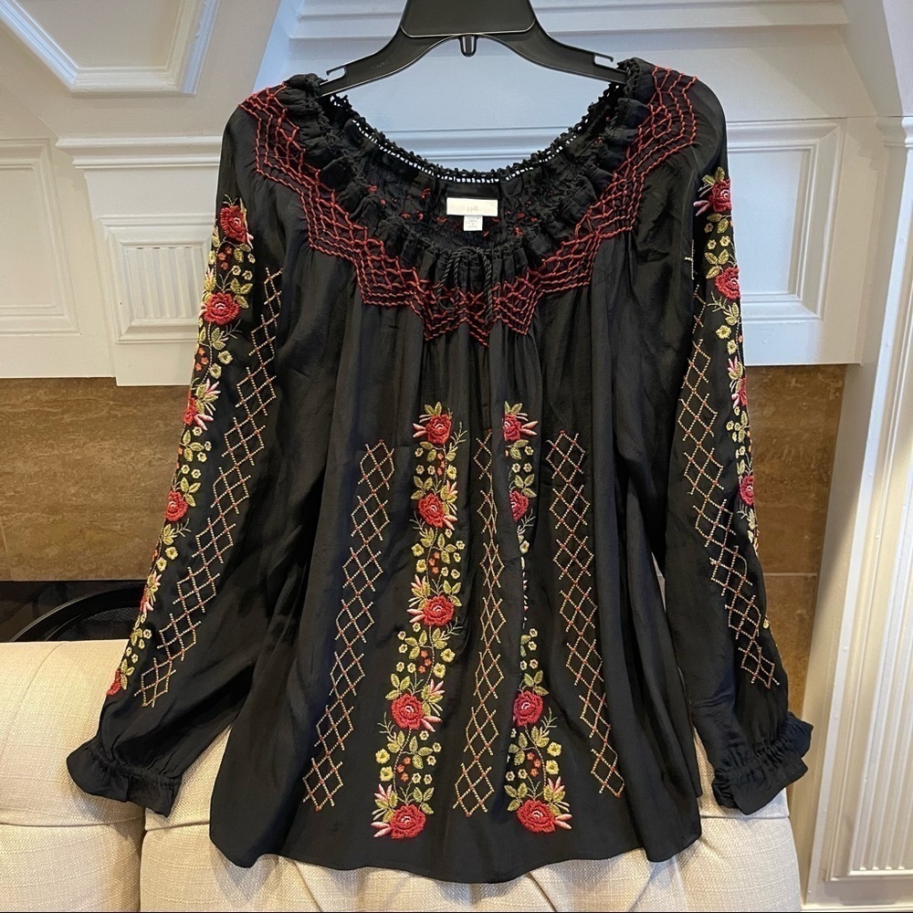 Ak: J JILL EMBROIDERED PEASANT BLOUSE-S-LONG SLEEVES-BLACK/MULTI COLOR